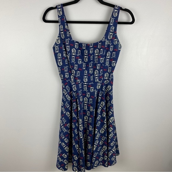 Parcel Navy Blue Owls Red Heart Print Sleeveless Dress Small - Picture 2 of 9